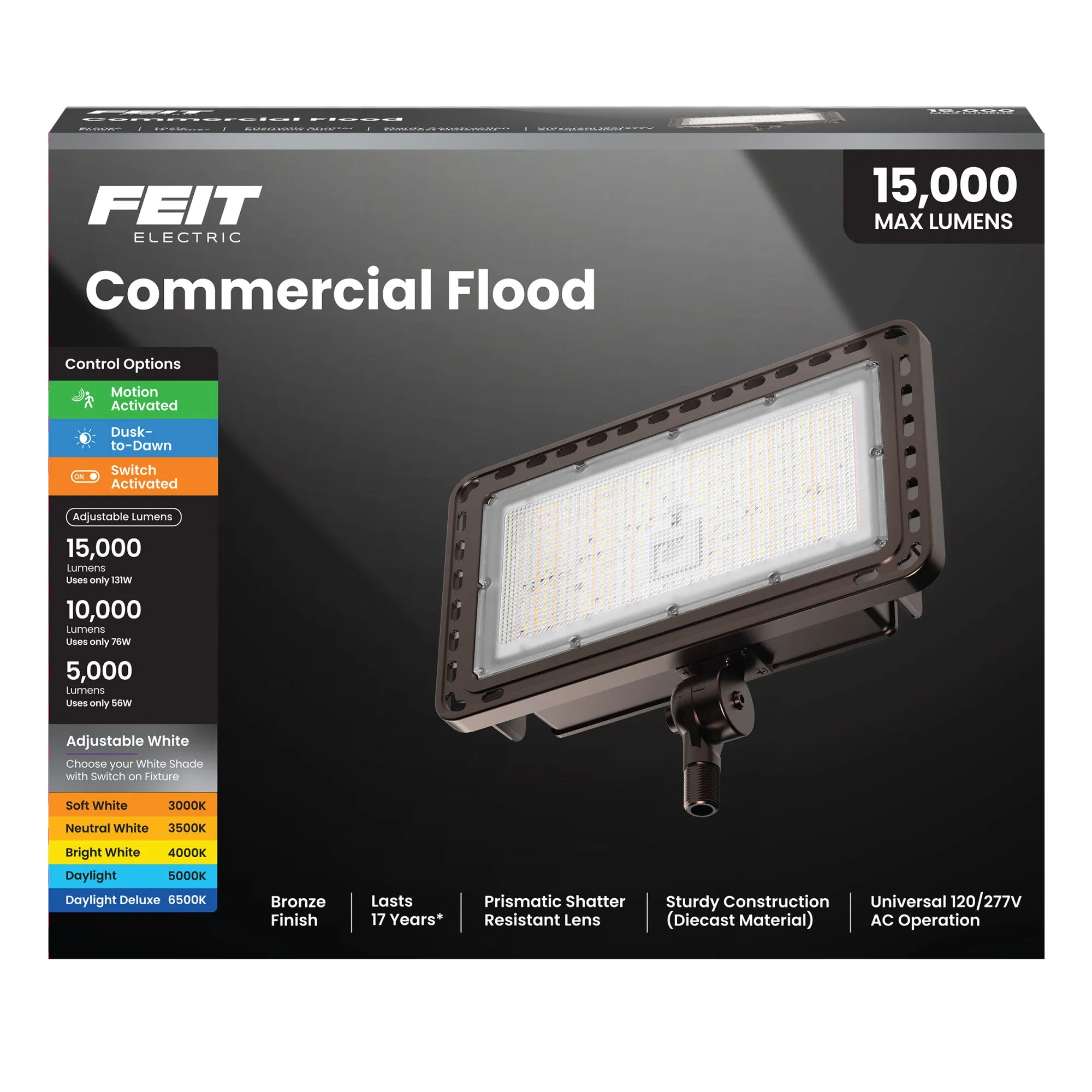 15000/10000/5000 Lumens Adjustable White Commercial Flood Light, Bronze