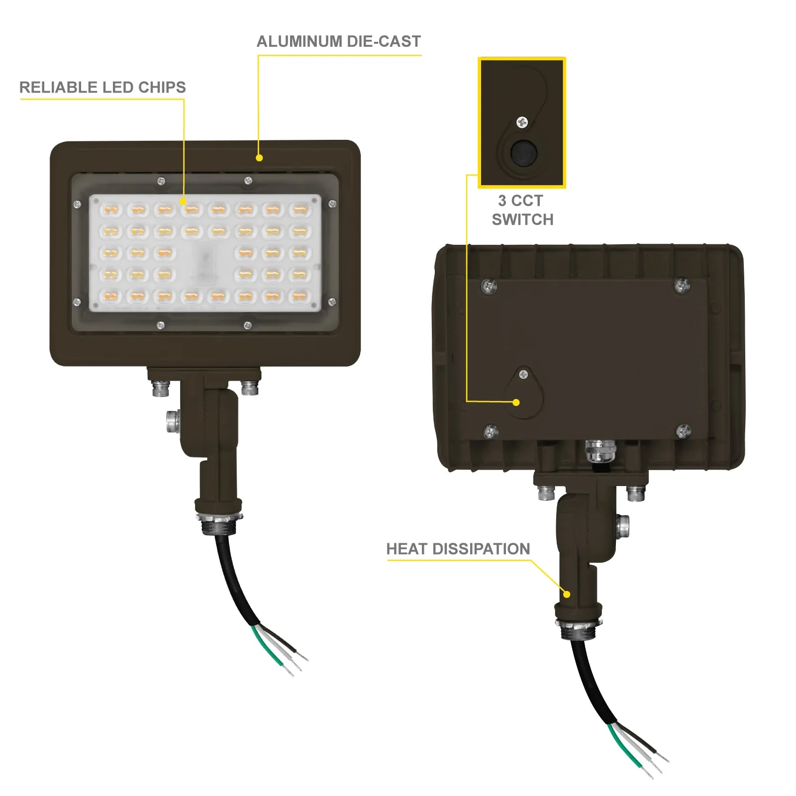 15W Bronze Flood Light LED Outdoor Security Lights - Waterproof - 3CCT 3000K-5000K - 2100LM - Knuckle Mount