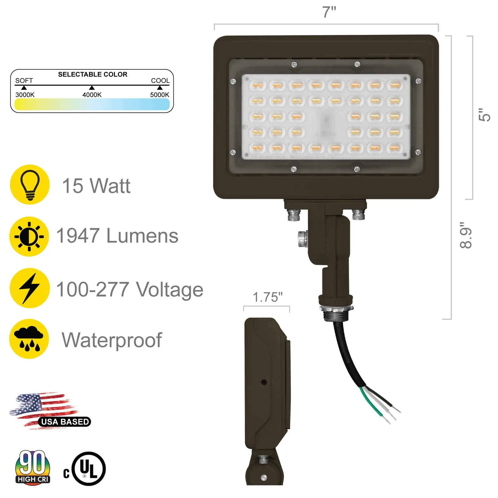 15W Bronze Flood Light LED Outdoor Security Lights - Waterproof - 3CCT 3000K-5000K - 2100LM - Knuckle Mount