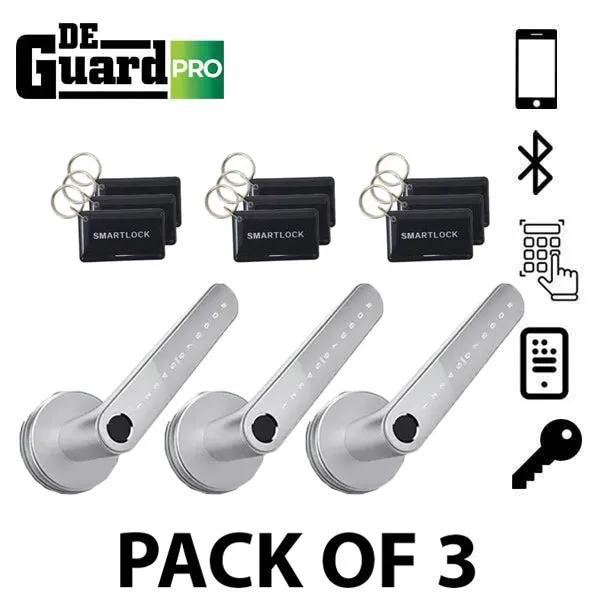 3 x DeGuard Pro - Premium Electronic Keyless Entry Smart Code Lever - N31B - Bluetooth / Fingerprint / RFID / PIN / Wi-Fi - IP55 - Silver (Bundle of 3)