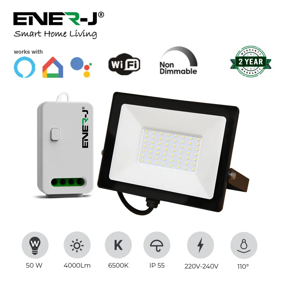 50W LED Floodlight Pre Wired with 500W RF   WiFi Receiver   1 Gang Wireless Kinetic Switch (White Body)