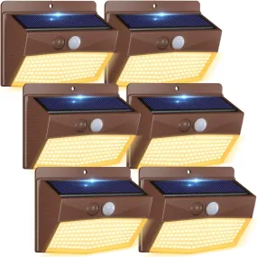 6 Packs Solar Outdoor Lights Motion Sensor Solar Security Lights Waterproof with 3 Lighting Modes Solar Powered Wall Lights outside for Garden Fence Yard Deck, Brown Warm