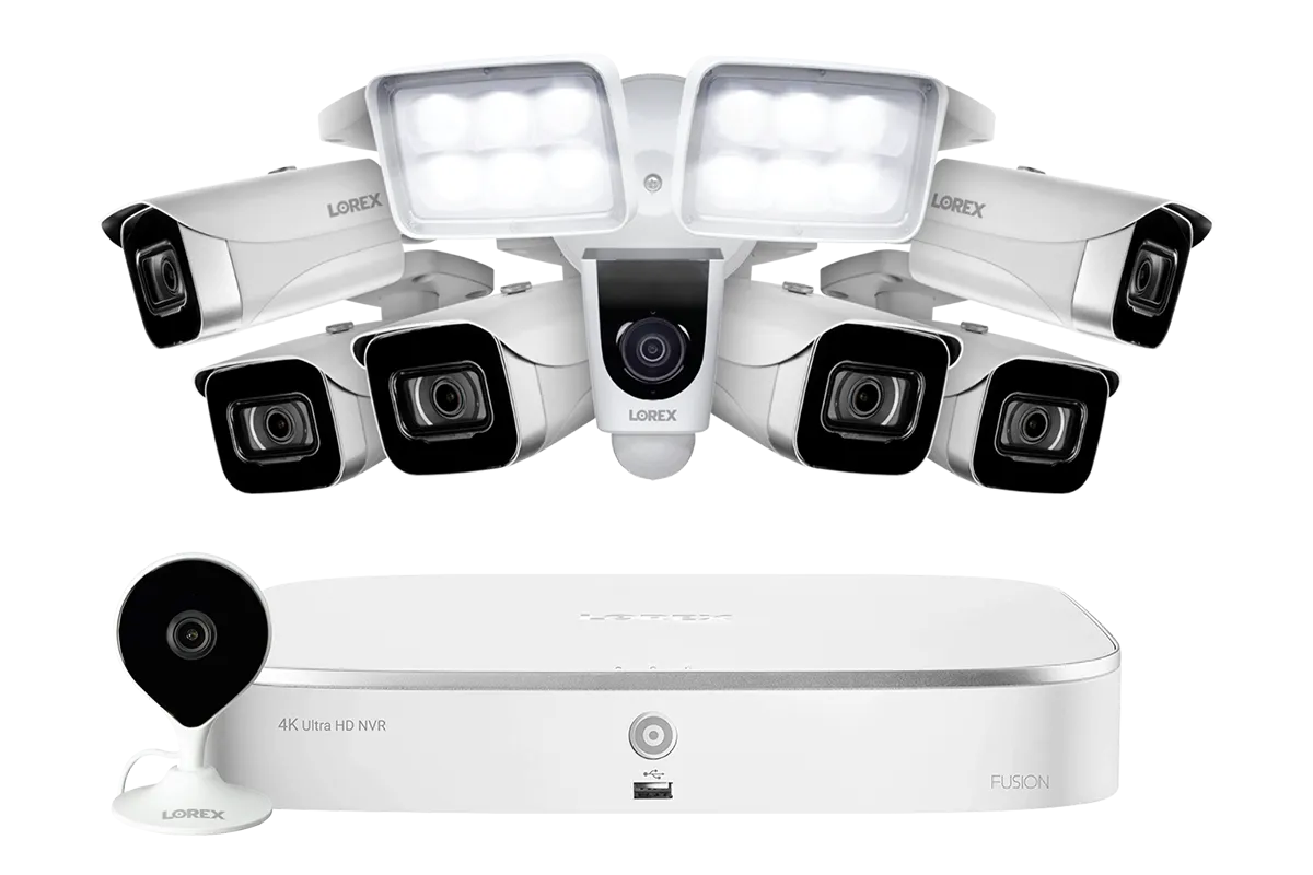 8-Channel NVR Fusion System with Six 4K (8MP) IP Cameras, HD Smart Indoor Wi-Fi Security Camera and Wi-Fi Floodlight Camera