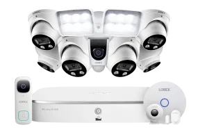 8-Channel NVR Fusion System with Six 4K HD Smart Deterrence IP Dome Cameras, 2K Wi-Fi Video Doorbell, Wi-Fi Floodlight Camera and Smart Sensor Starter Kit