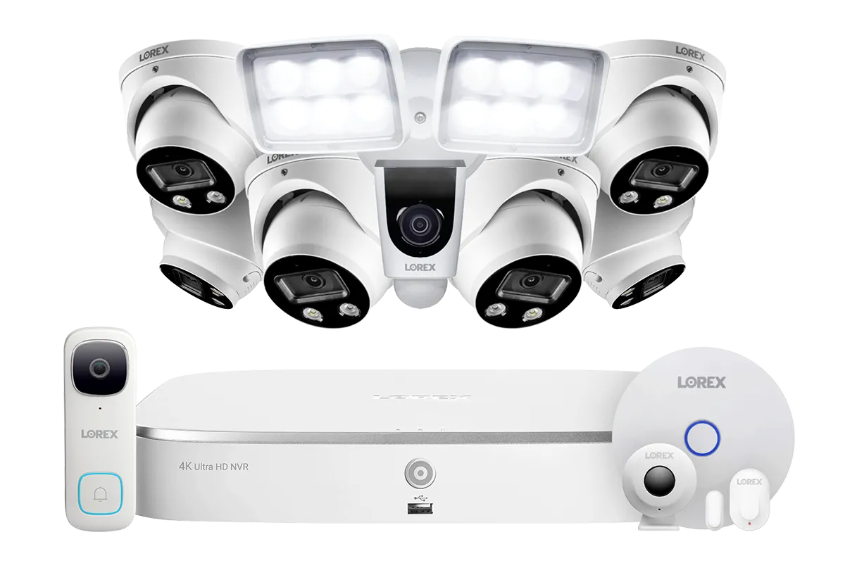 8-Channel NVR Fusion System with Six 4K HD Smart Deterrence IP Dome Cameras, 2K Wi-Fi Video Doorbell, Wi-Fi Floodlight Camera and Smart Sensor Starter Kit