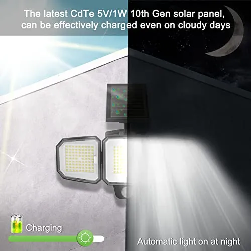 CEOTIS Solar Outdoor Lights, 243 LED 3500LM Motion Sensor Solar Lights for Outside, IP65 Waterproof 3 Heads Security Flood Lights, Separate Solar Panel Remote Control 3 Modes Wall Lights