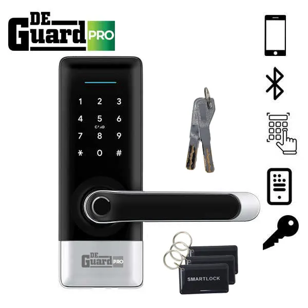 DeGuard Pro - Premium Electronic Keyless Entry Smart Lever Set - H1B - Hotel / Multifamily - Bluetooth / Fingerprint / RFID / Wi-Fi - IP55 (Silver | Black)