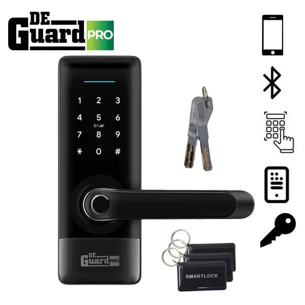 DeGuard Pro - Premium Electronic Keyless Entry Smart Lever Set - H1B - Hotel / Multifamily - Bluetooth / Fingerprint / RFID / Wi-Fi - IP55 (Silver | Black)