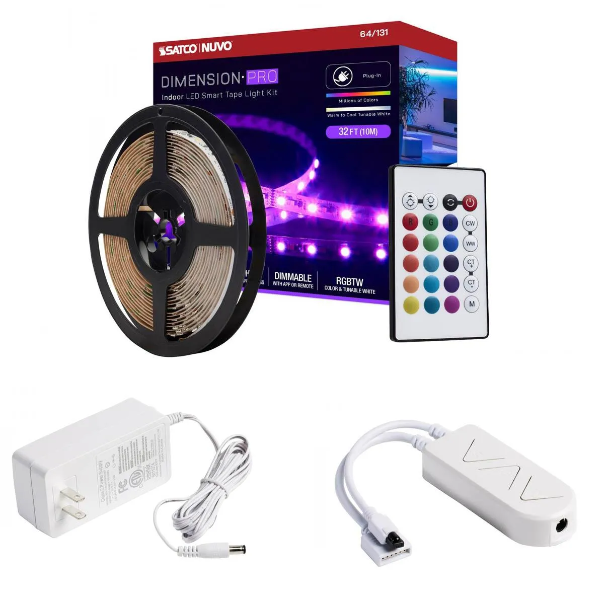 Dimension Pro LED Smart Tape Light Kit with Remote, 32ft Reel, Color Changing RGB and Tunable White, 24V, Plug Connection