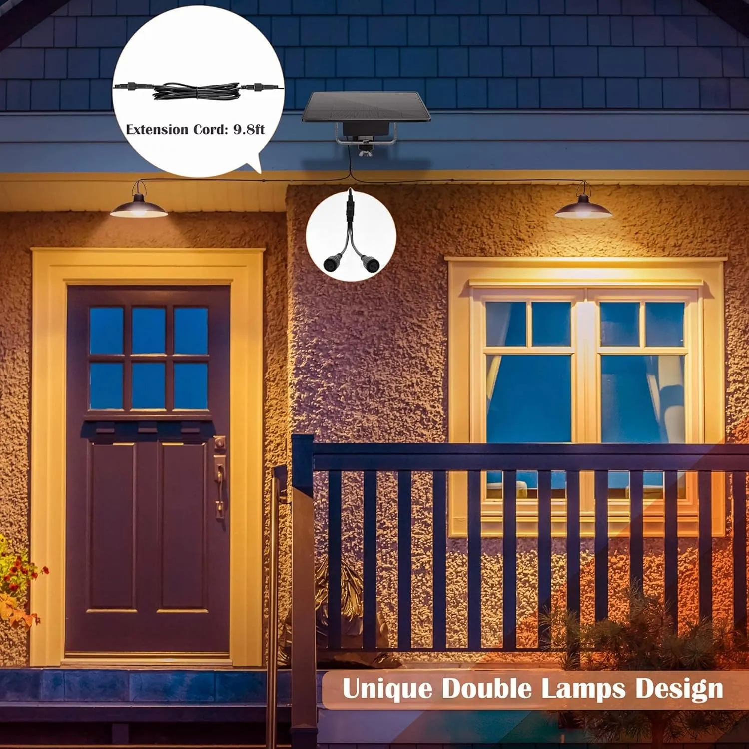 Double Head Solar Pendant Lights Outdoor Indoor, LED Solar Shed Lights IP65 Waterproof, Wall Mount Security Lighting for Shop Chicken Coop Garage Porch Front Door Patio, 3000K Warm White