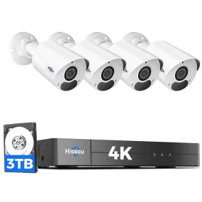 Hiseeu [4K HD 3TB HDD] Hiseeu 4K Security Camera System, PoE Security Camera System w/4pcs IP PoE Cameras, 121° Wide View, IP67 Waterproof, Remote Access, WDR, 100ft Night Vision, 7/24 Audio Record