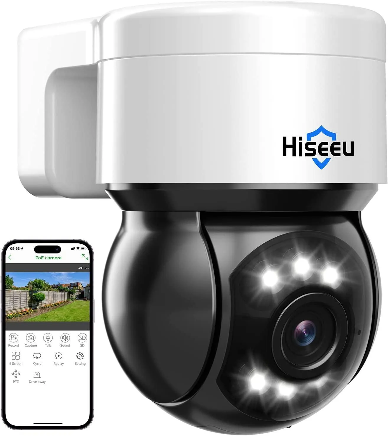 Hiseeu 5MP PoE PTZ Security Camera Outdoor, Home Security Cameras, Spotlight&Sound Alarm, Color Night Vision, Human&Vehicle Detection, Remote Access, Work NVR