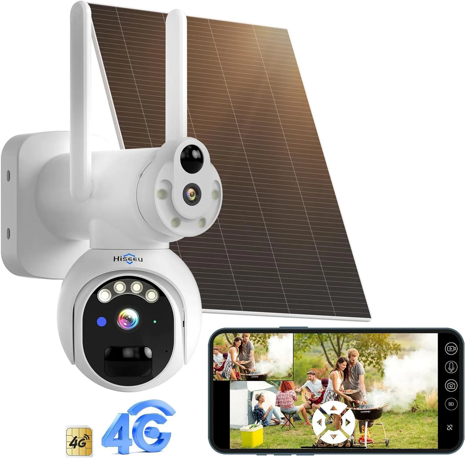 Hiseeu No WiFi Security Cameras Wireless Outdoor, Solar Powered Dual Lens 4G Cellular Security Camera, 360°PTZ, 2K Color Night Vision, PIR Motion, Two-Way Talk, 300MB SIM Card