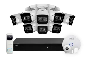 Lorex Fusion 4K (16 Camera Capable) 3TB Wired NVR System with 8 IP Bullet Cameras, One 2K Video Doorbell and Smart Sensor Kit