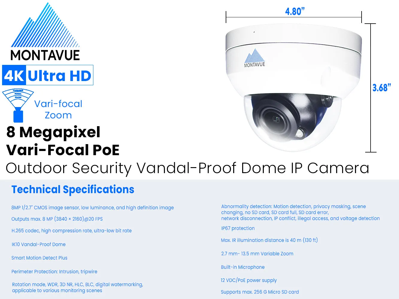 MTD8113-V-AISMD| 8MP 4K Varifocal IK10 Dome Security Camera with Smart Motion Detection