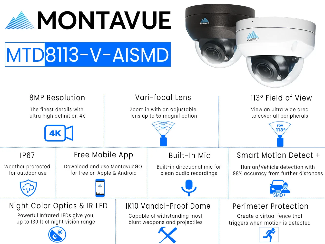 MTD8113-V-AISMD| 8MP 4K Varifocal IK10 Dome Security Camera with Smart Motion Detection