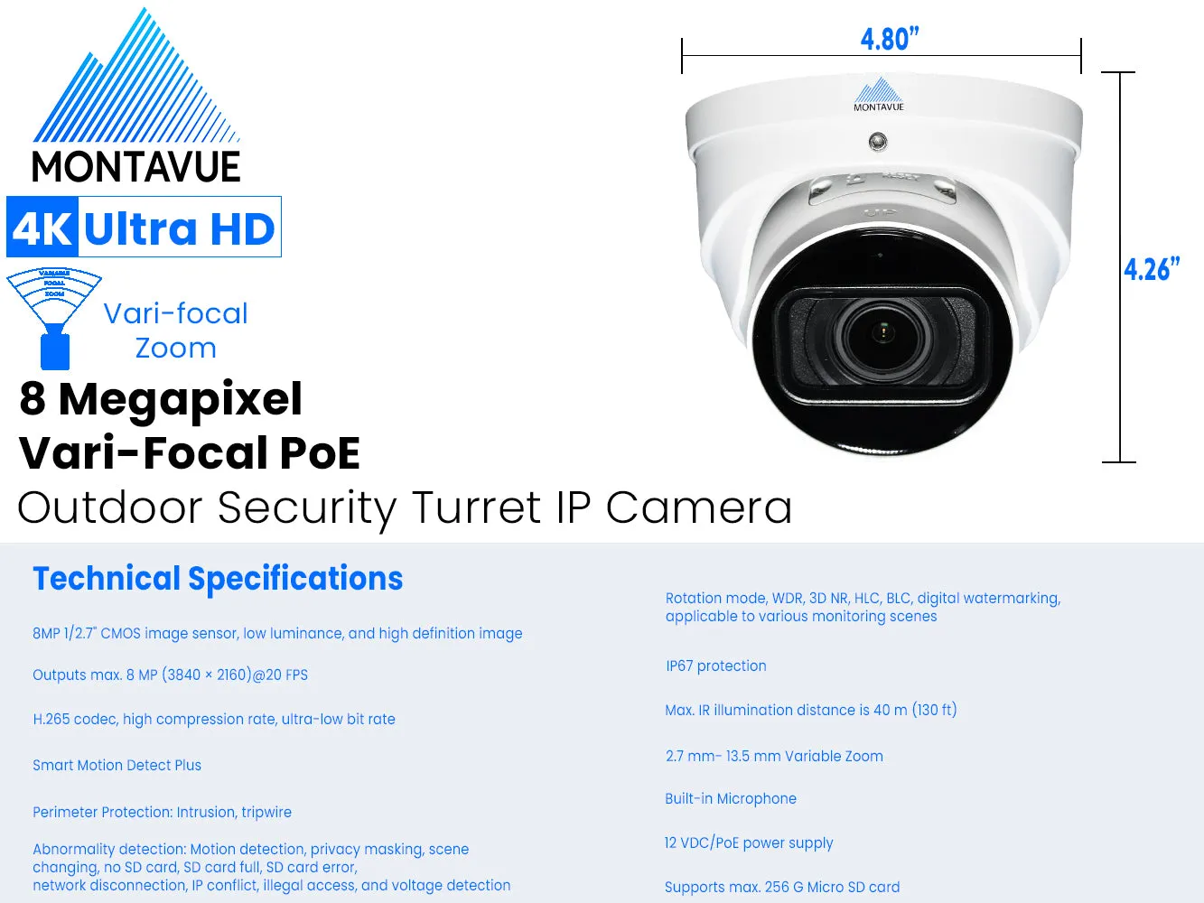 MTT8113-V-AISMD | 8MP 4K Varifocal Turret Security Camera with Smart Motion Detection