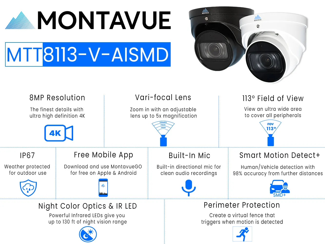 MTT8113-V-AISMD | 8MP 4K Varifocal Turret Security Camera with Smart Motion Detection