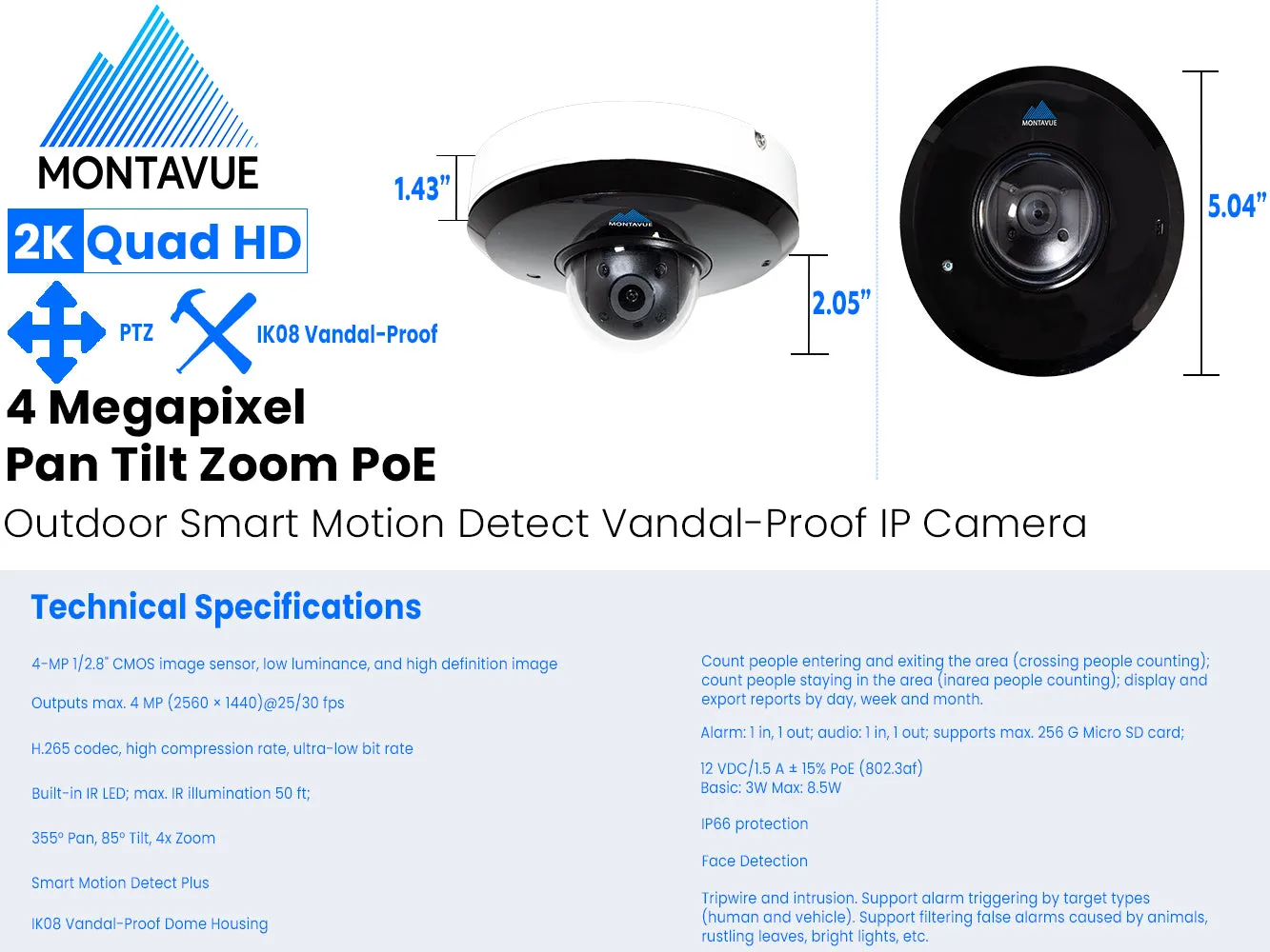 MTZ4040-IRAISMD | 4MP 2K 30FPS PTZ Camera with 4x Zoom and SMD 