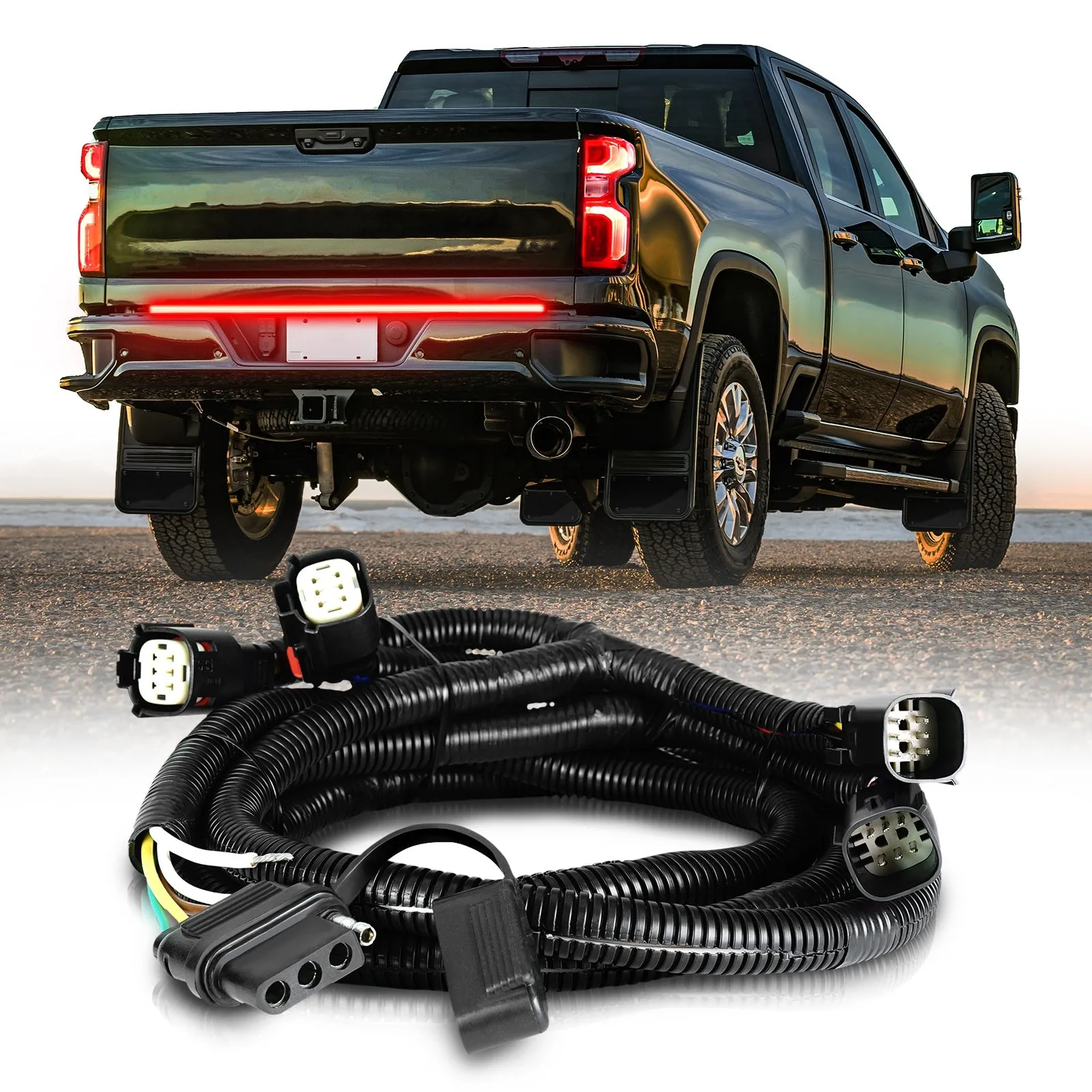 OPT7 Redline Parlux Triple Tailgate Light Bar 60" Bundle for Chevy Silverado-GMC Sierra 1500 19-21 Easy Connect Harness