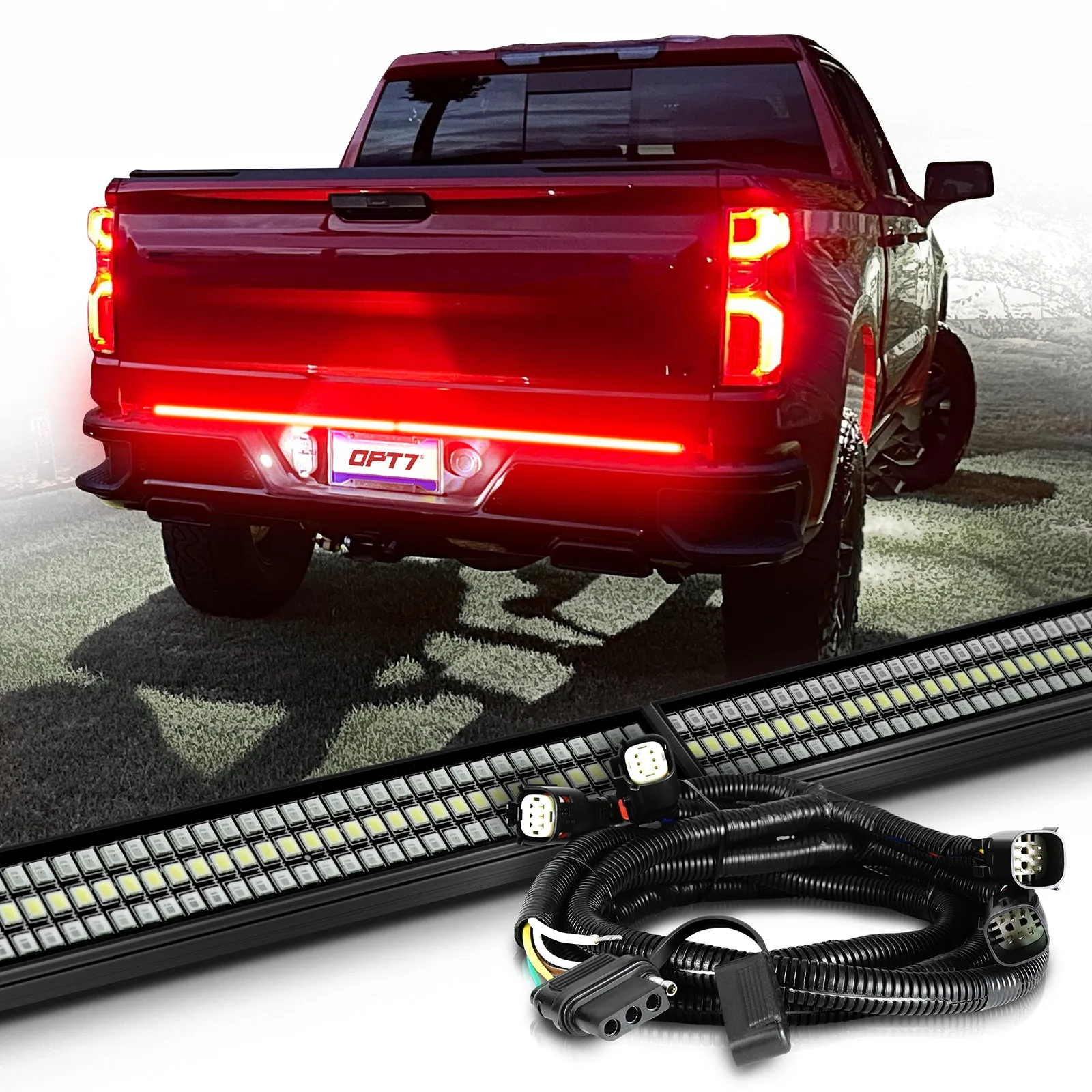 OPT7 Redline Parlux Triple Tailgate Light Bar 60" Bundle for Chevy Silverado-GMC Sierra 1500 19-21 Easy Connect Harness