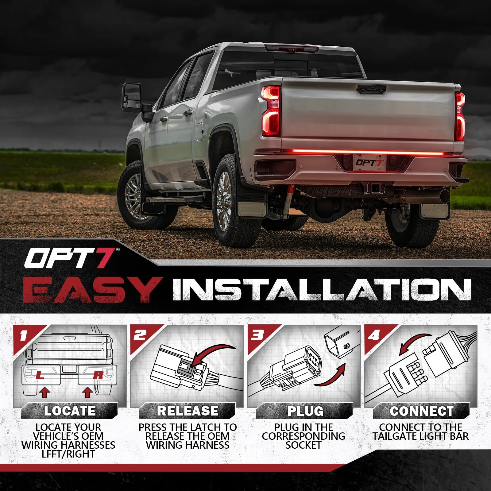 OPT7 Redline Parlux Triple Tailgate Light Bar 60" Bundle for Chevy Silverado-GMC Sierra 1500 19-21 Easy Connect Harness