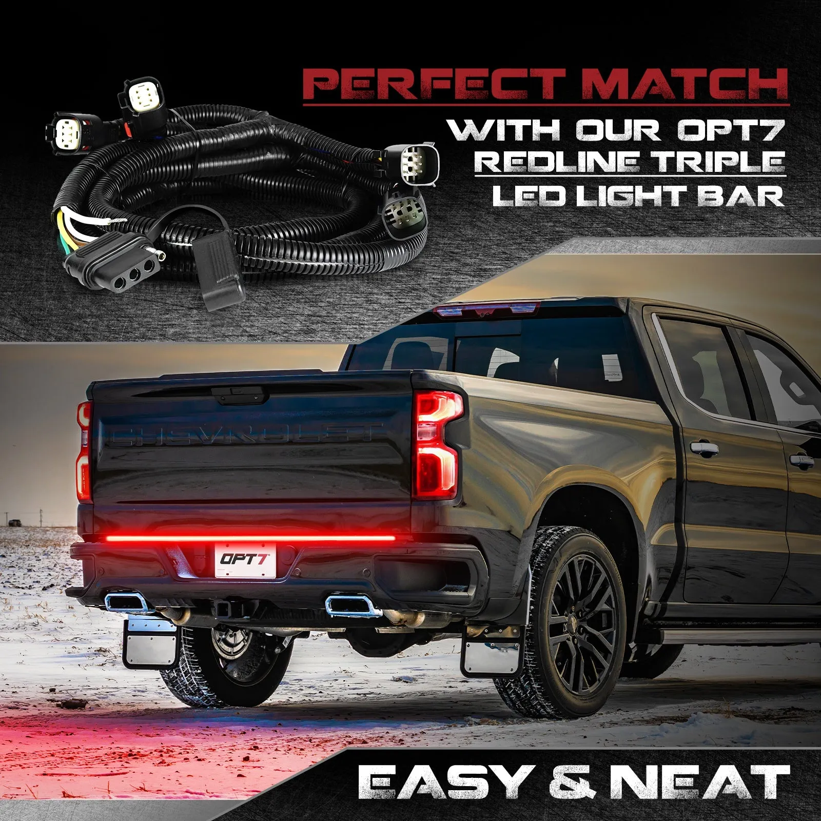 OPT7 Redline Parlux Triple Tailgate Light Bar 60" Bundle for Chevy Silverado-GMC Sierra 1500 19-21 Easy Connect Harness