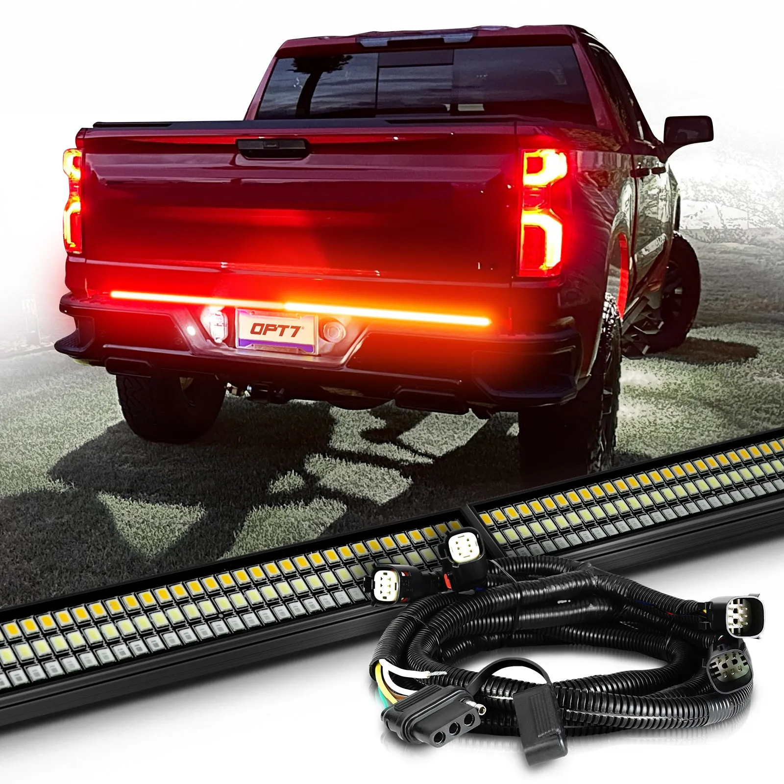 OPT7 Redline Parlux Triple Tailgate Light Bar 60" Bundle for Chevy Silverado-GMC Sierra 1500 19-21 Easy Connect Harness