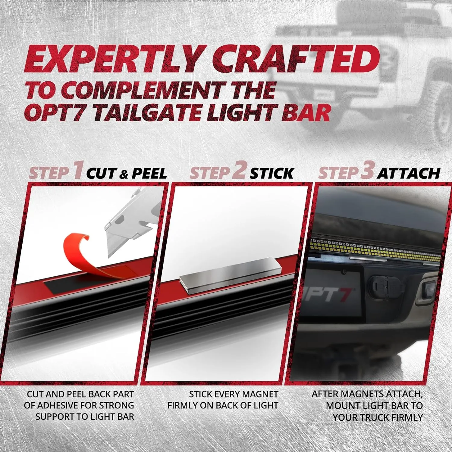 OPT7 Redline Parlux Triple Tailgate Light Bar 60" Bundle for Ford F150 15-20 with Blind Spot Easy Connect Harness and Tailgate Light Bar Magnets