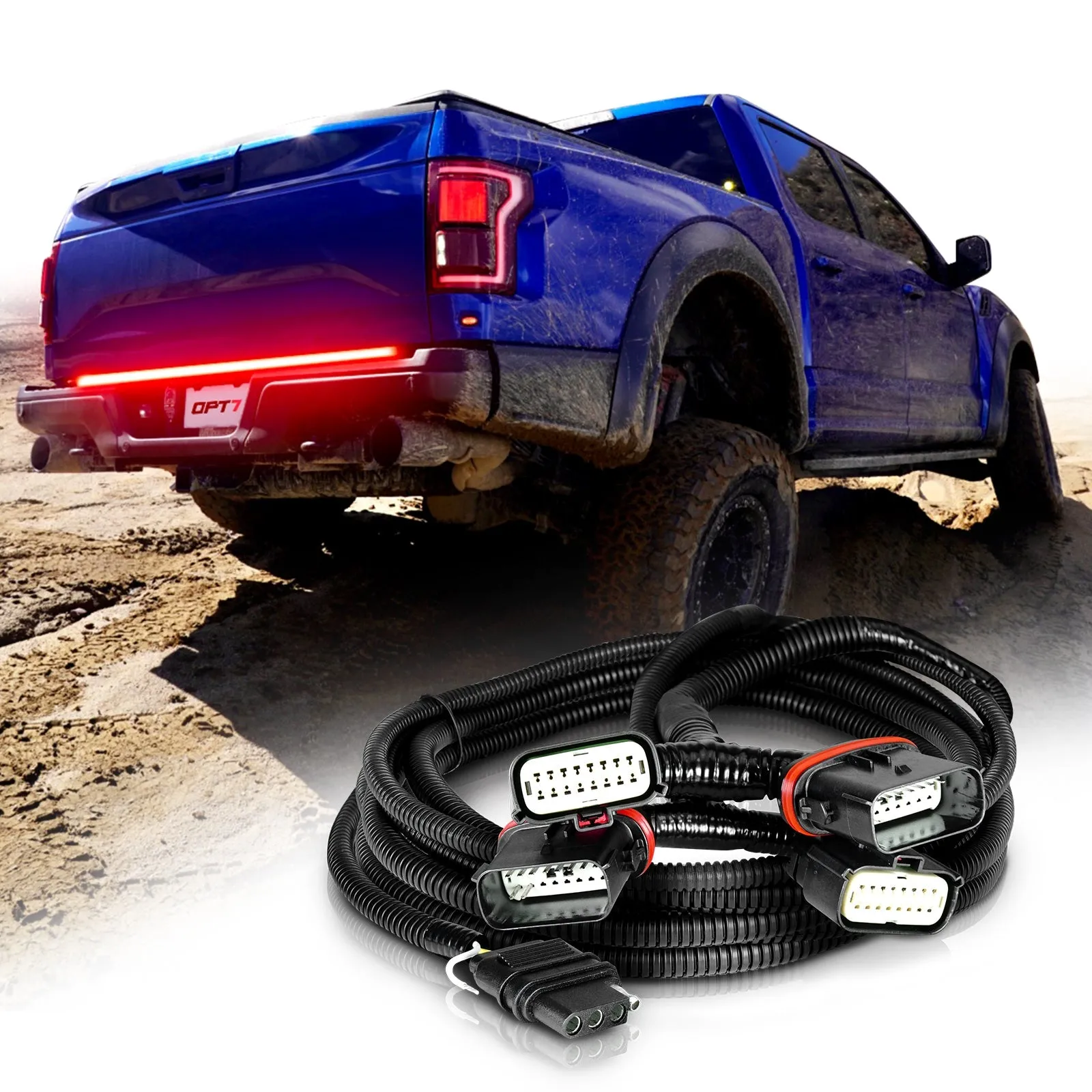 OPT7 Redline Parlux Triple Tailgate Light Bar 60" Bundle for Ford F150 15-20 with Blind Spot Easy Connect Harness and Tailgate Light Bar Magnets