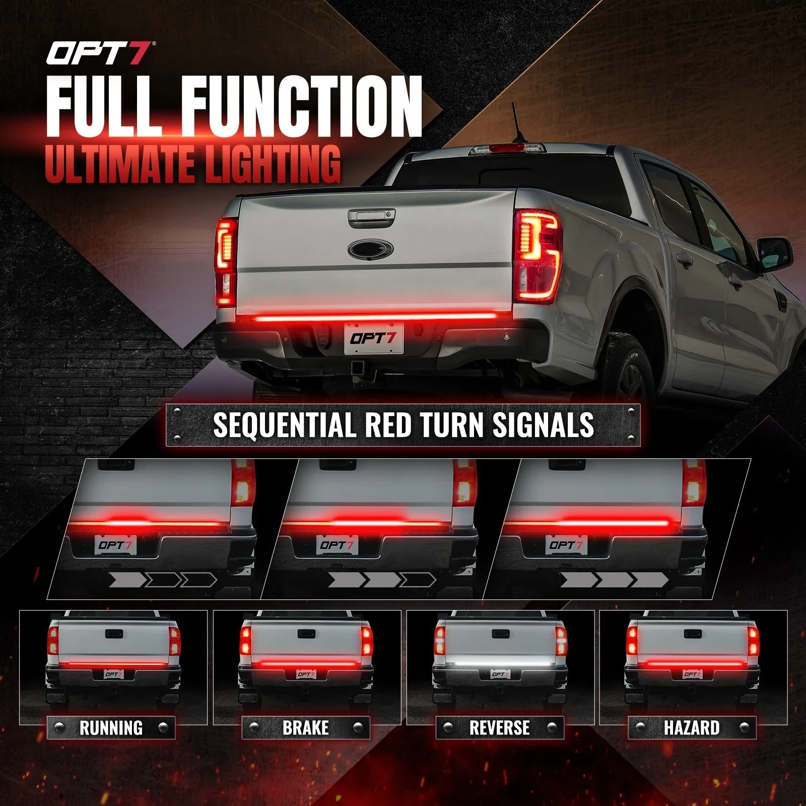 OPT7 Redline Parlux Triple Tailgate Light Bar 60" Bundle for Ford F150 15-20 with Blind Spot Easy Connect Harness and Tailgate Light Bar Magnets