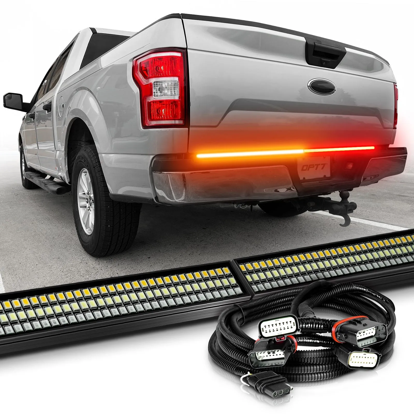 OPT7 Redline Parlux Triple Tailgate Light Bar 60" Bundle for Ford F150 15-20 with Blind Spot Easy Connect Harness and Tailgate Light Bar Magnets