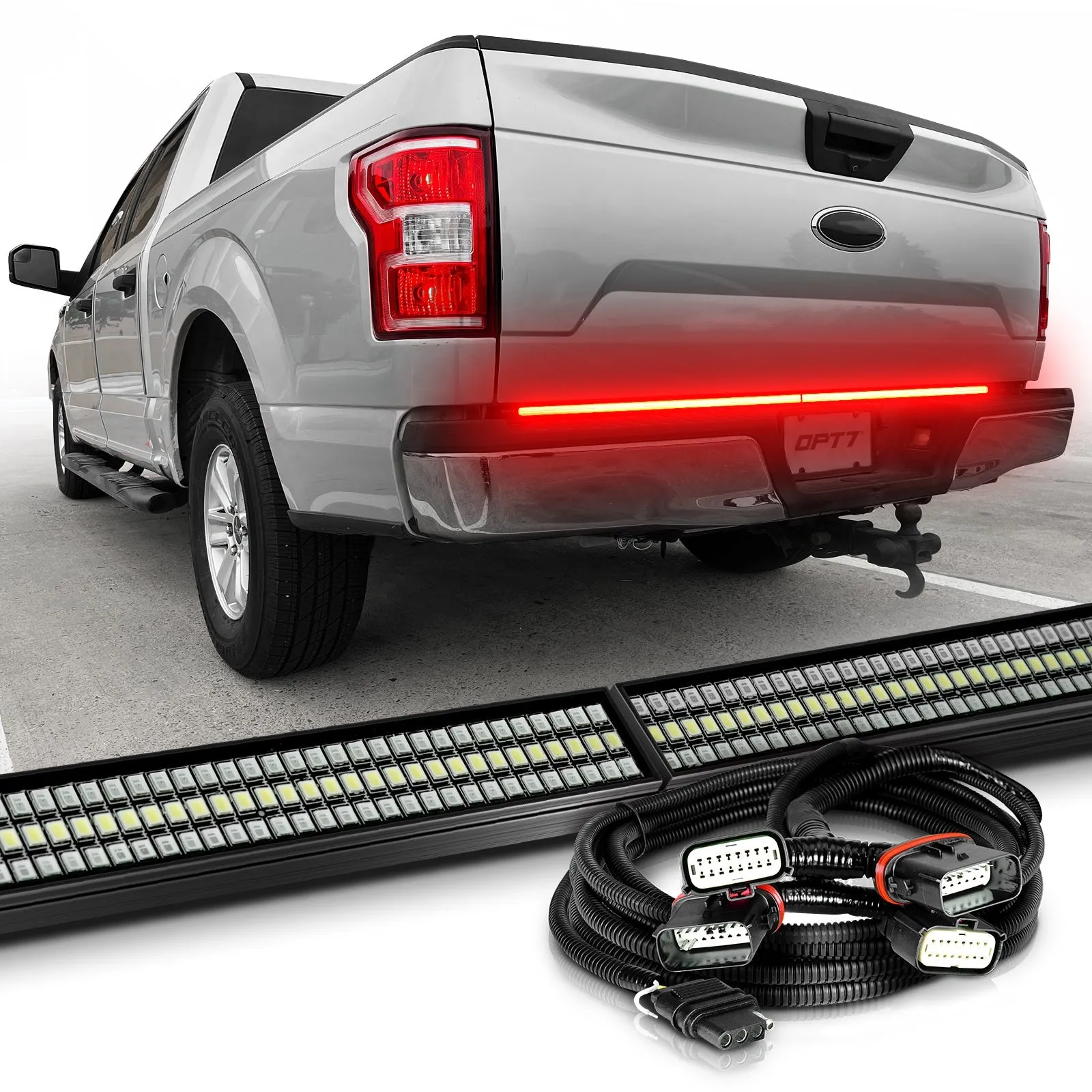 OPT7 Redline Parlux Triple Tailgate Light Bar 60" Bundle for Ford F150 15-20 with Blind Spot Easy Connect Harness and Tailgate Light Bar Magnets