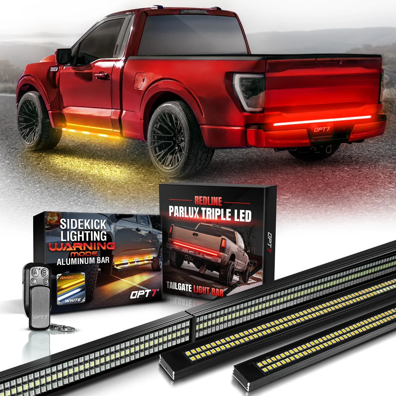 OPT7 Redline Parlux Triple Tailgate Light Bar 60" Bundle with Sidekick Running Board Light LED Strip Kit with Warning Mode