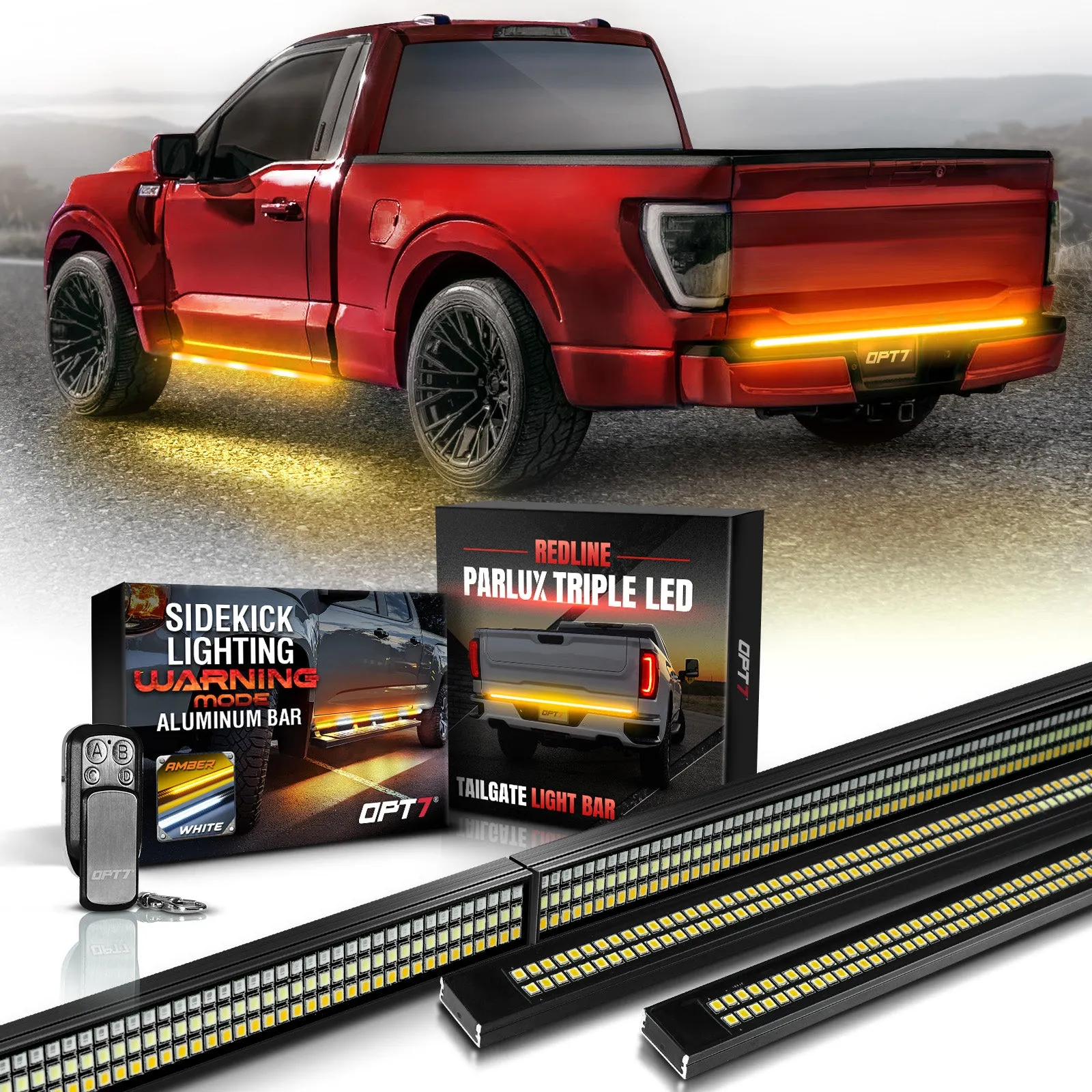 OPT7 Redline Parlux Triple Tailgate Light Bar 60" Bundle with Sidekick Running Board Light LED Strip Kit with Warning Mode