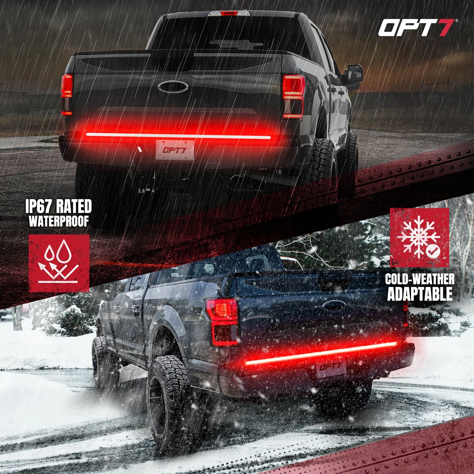 OPT7 Redline Triple Tailgate Light Bar 60" Bundle for Ford F150 15-20 with Blind Spot Easy Connect Harness