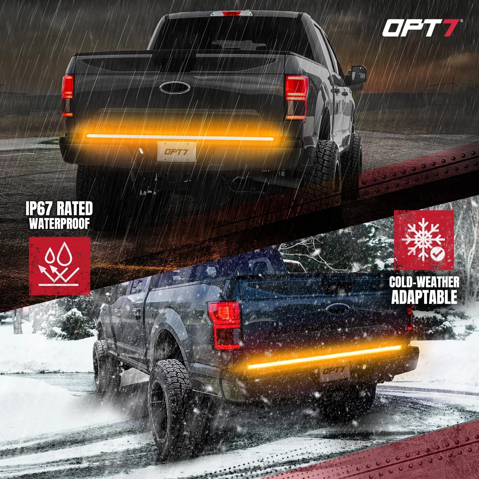 OPT7 Redline Triple Tailgate Light Bar 60" Bundle for Ford F150 15-20 with Blind Spot Easy Connect Harness