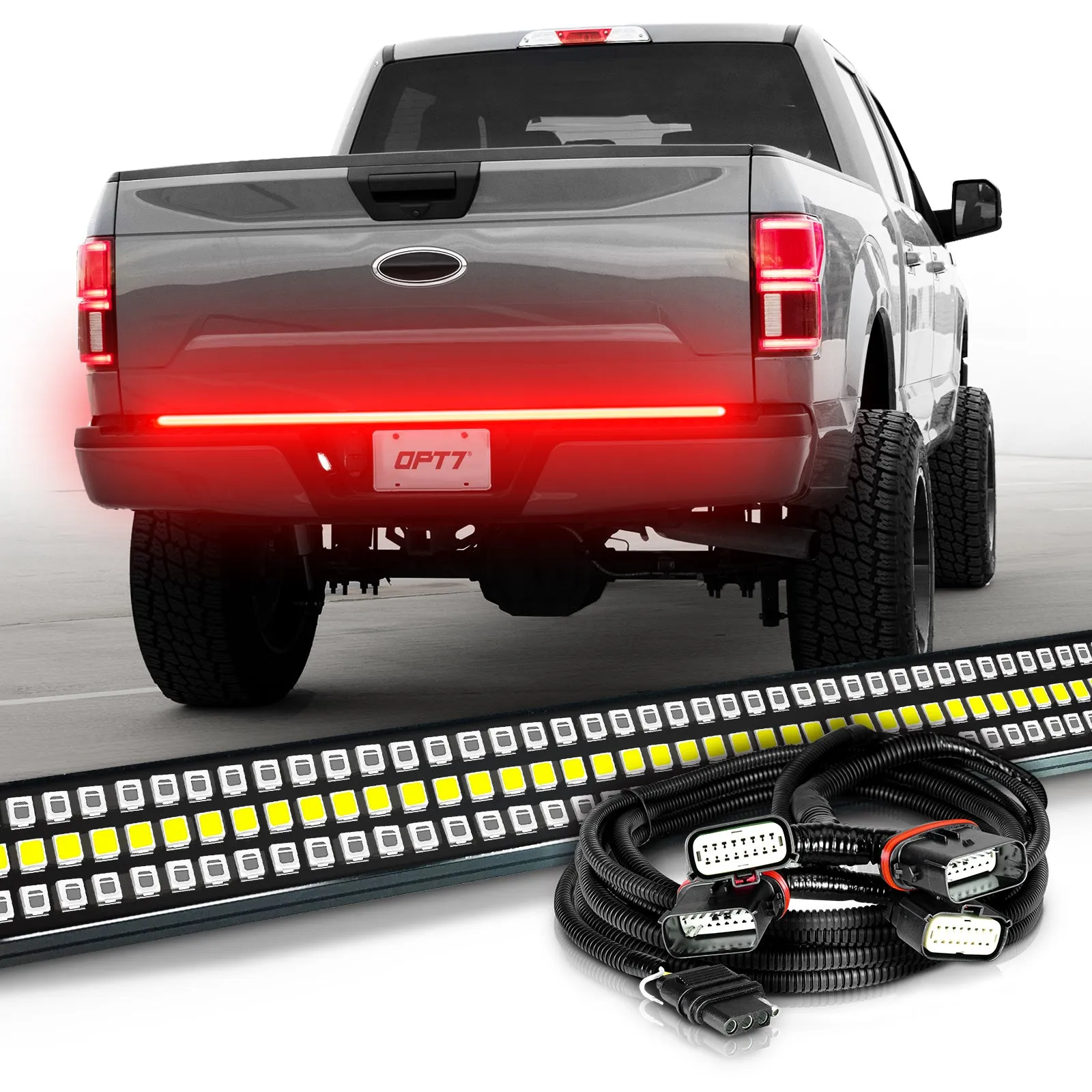 OPT7 Redline Triple Tailgate Light Bar 60" Bundle for Ford F150 15-20 with Blind Spot Easy Connect Harness