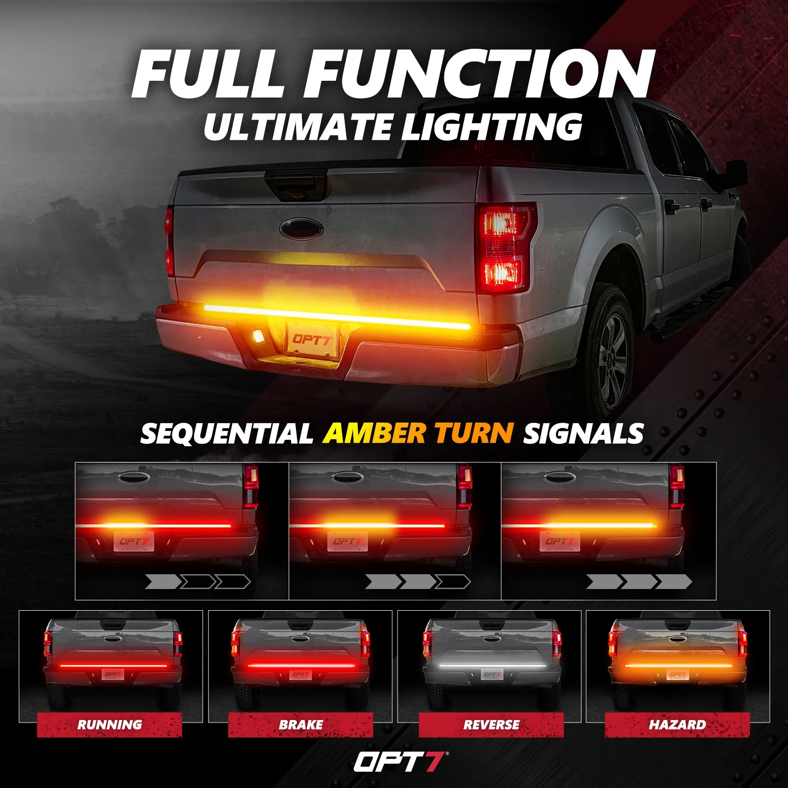 OPT7 Redline Triple Tailgate Light Bar 60" Bundle for Ford F150 15-20 with Blind Spot Easy Connect Harness