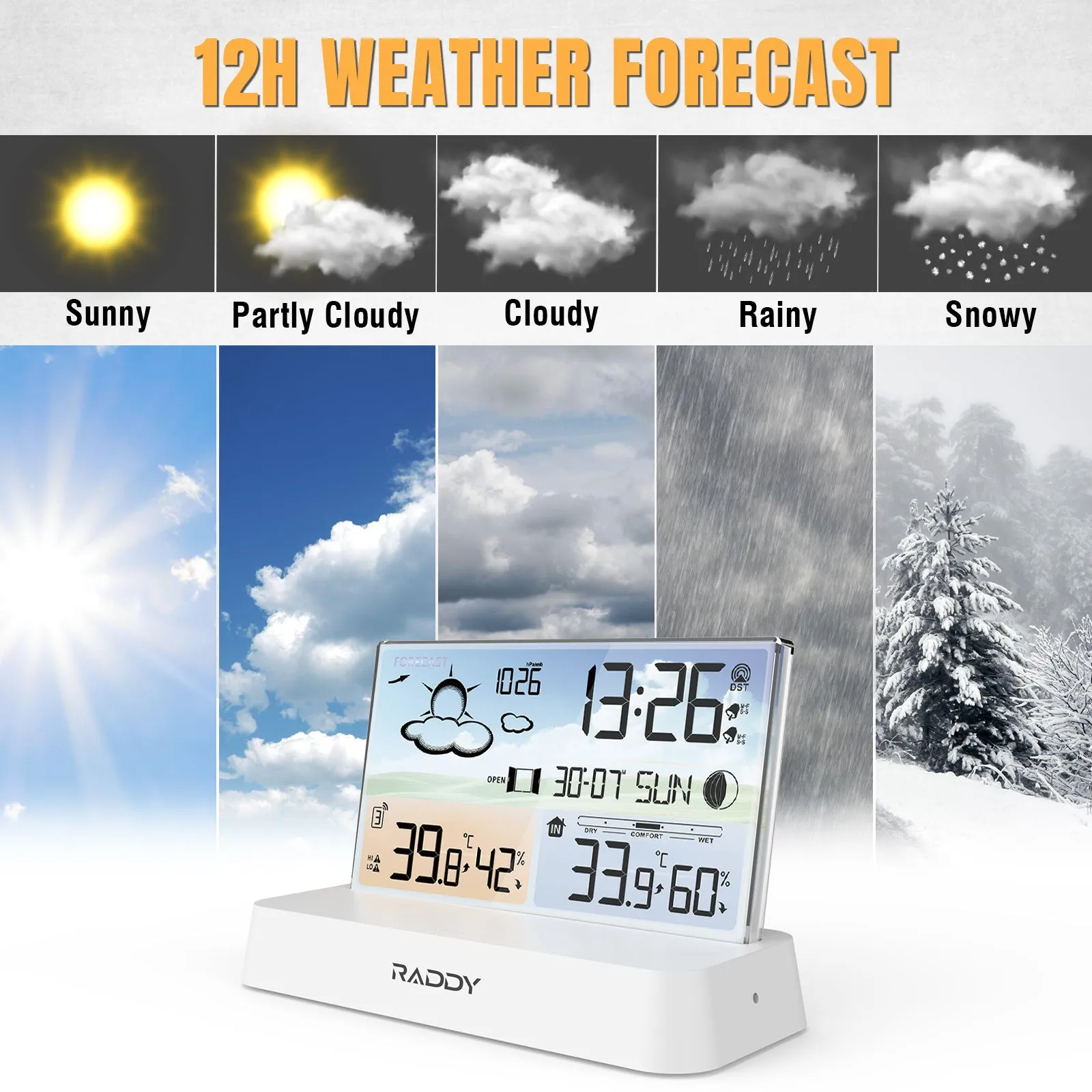 Raddy DT6 Weather Station | Temperature Humidity | Dual Alarm Clock | Adjustable Backlight