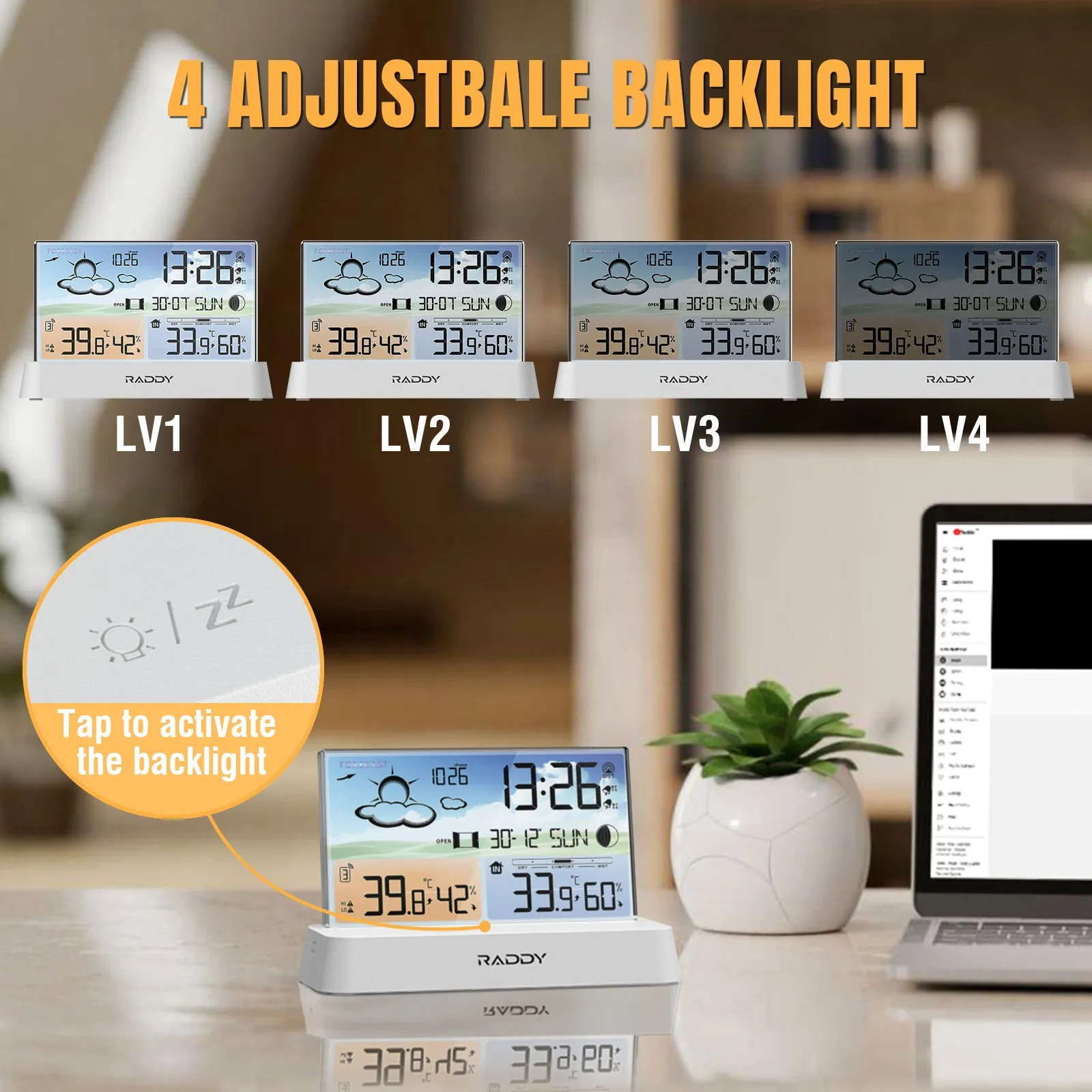 Raddy DT6 Weather Station | Temperature Humidity | Dual Alarm Clock | Adjustable Backlight