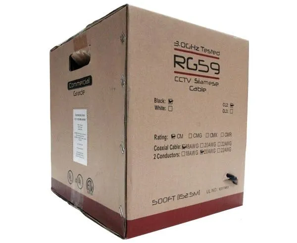 RG59 Siamese Coaxial Cable: 20 AWG Bare Copper, 95% Bare Copper Braid, 18/2 Stranded Bare Copper, for CCTV