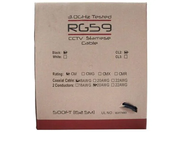 RG59 Siamese Coaxial Cable: 20 AWG Bare Copper, 95% Bare Copper Braid, 18/2 Stranded Bare Copper, for CCTV