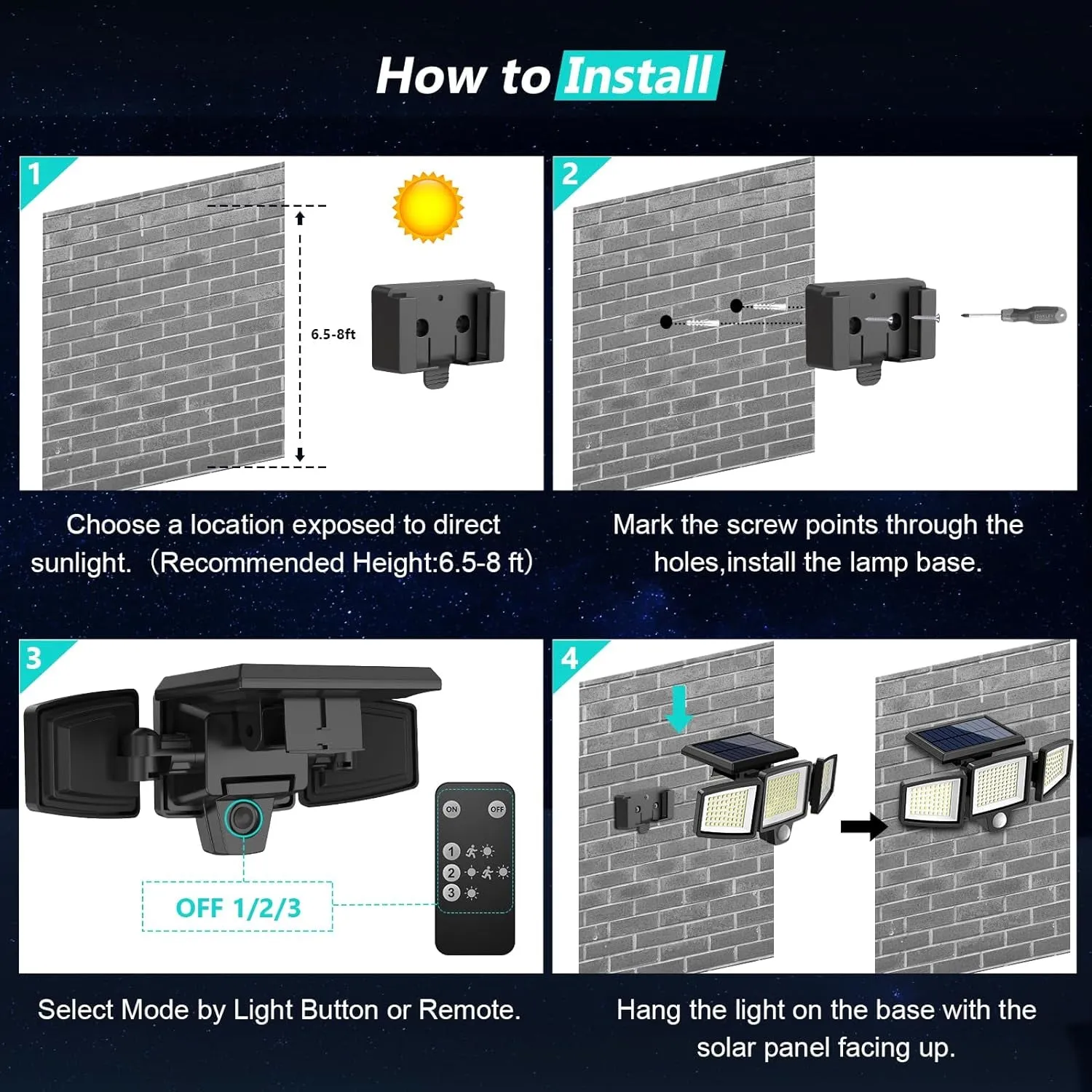 Solar Outdoor Lights 2500LM 210 LED Security Lights with Remote Control,3 Heads Motion Sensor Lights, IP65 Waterproof,270° Wide Angle Flood Wall Lights with 3 Modes(2 Packs)