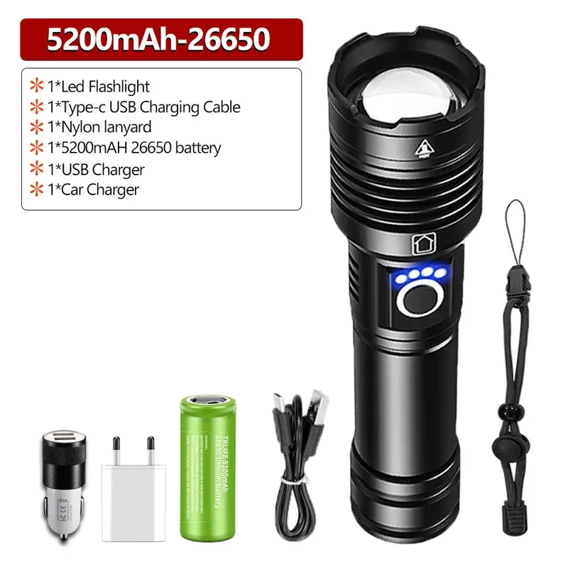 Taktisk Ficklampa i ABS med 100,000LM - High Power LED Flashlight Rechargeable, 100W, IP66