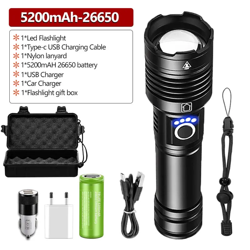 Taktisk Ficklampa i ABS med 100,000LM - High Power LED Flashlight Rechargeable, 100W, IP66