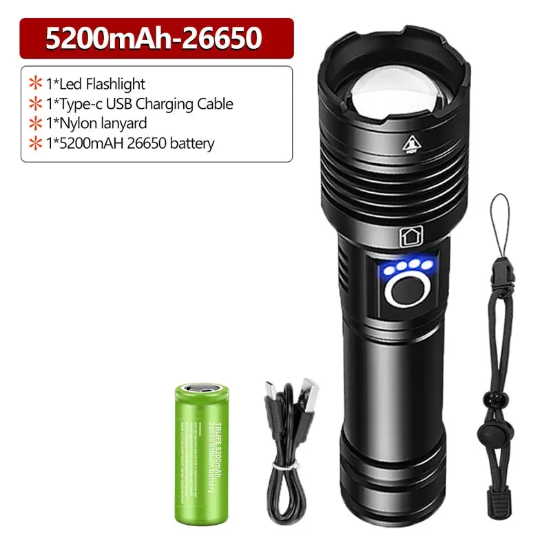 Taktisk Ficklampa i ABS med 100,000LM - High Power LED Flashlight Rechargeable, 100W, IP66