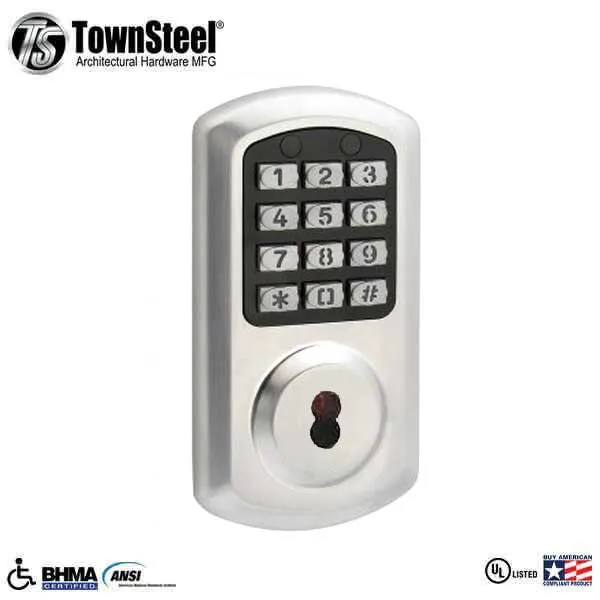 TownSteel - e-Smart-2000 - Electronic Push Button Deadbolt - SFIC -  6 Pin - Satin Chrome - Grade 2