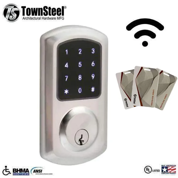 TownSteel - e-Smart 5000 - Electronic Push Button Deadbolt - Wi-Fi - RFID - Key Override - Satin Chrome - Grade 2