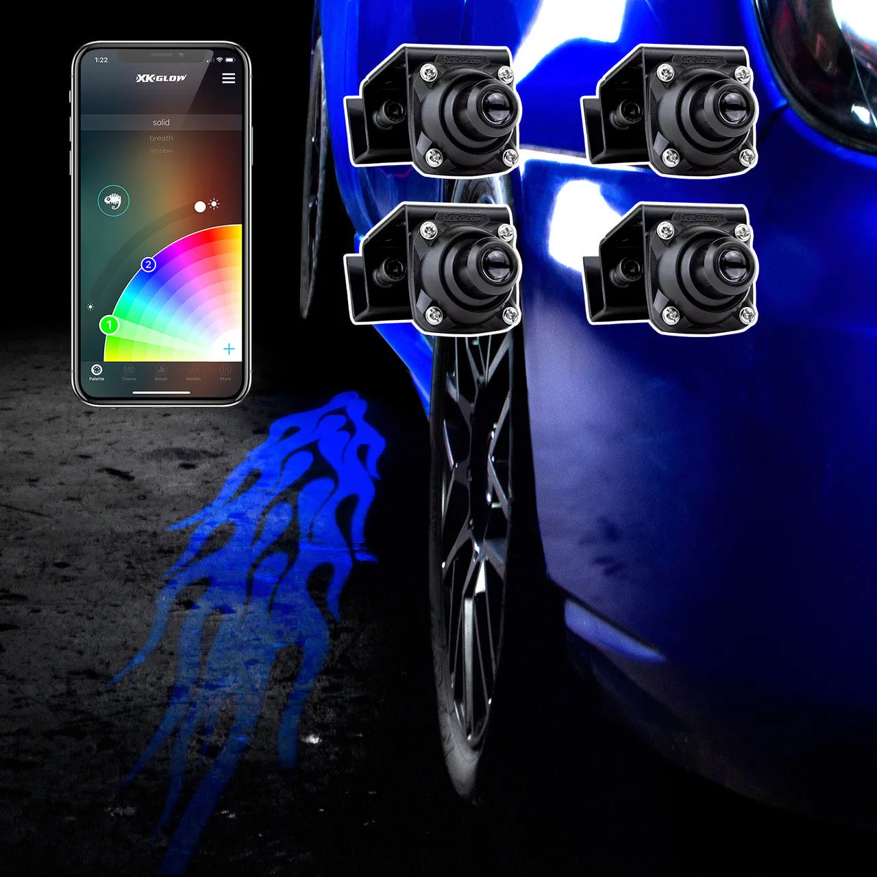 XKGlow Curbfx RGB Projector Kit w/ XKChrome Smartphone App - 2pc or 4pc Projector w/ Flames/ Tattoos/ Wings graphics